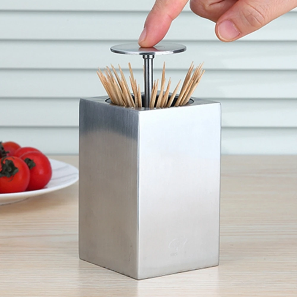 

304 Stainless steel Toothpick Box Press Toothpick Canister Household Toothpick Barrel Square Hand Automatic Press Toothpick Pot