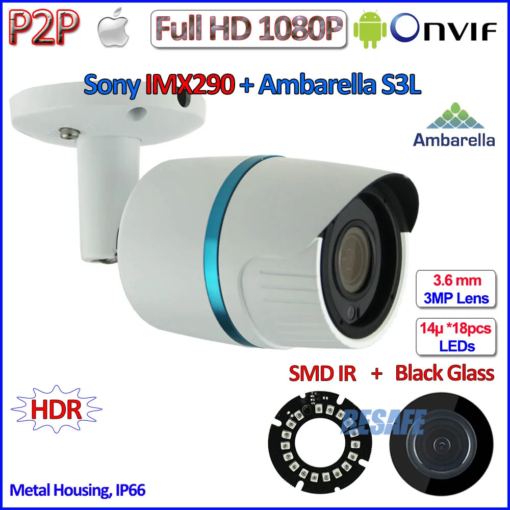 BEST H.265 P2P 2MP Mini IP Camera Onvif Ambarella 1080P IMX290 IP Camera Outdoor, H.264, IR-CUT, PoE optional, 3.6mm Lens, HDR