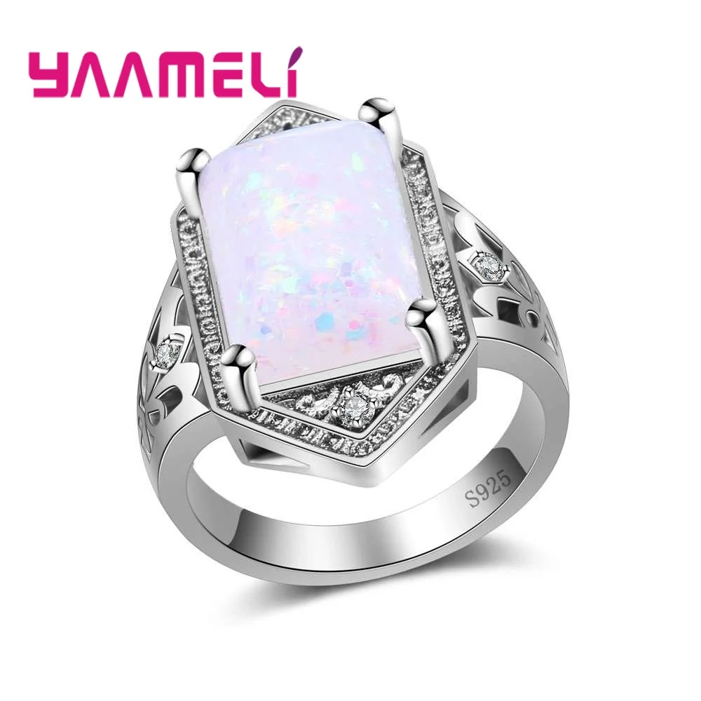

Hot Sell Special Gift For Women Party Finger Rings For Lady 925 Silver Accessories Beautiful Jewelry Square Opal
