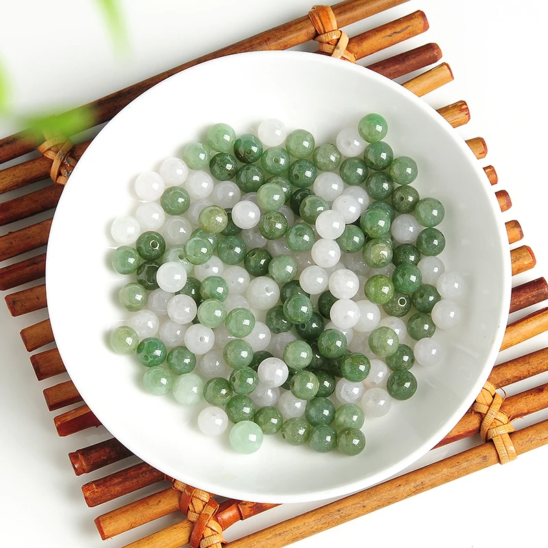 100PCS Natural ice white oil green jade beads genuine Burmese jade 8mm