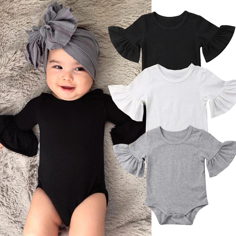 

0-24M Newborn Baby Girls Romper Flare Sleeve Solid Black White Grey Casual Outfits Baby Clothes Summer kids Suit
