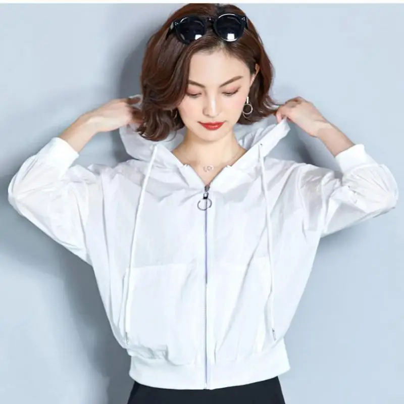 

Sunscreen Clothing Ailegogo Women's Windbreaker Thin Summer Jacket 5 Color Hooded Zipper Outwear Loose Fit Coat Female