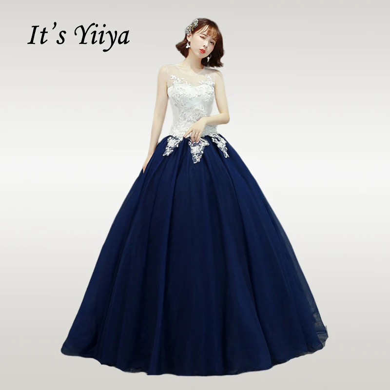 

It's YiiYa Wedding Dress 2019 O-neck Sleeveless Plus Size Wedding Dresses Elegant Navy Blue Floor Length Vestido de novia CH040