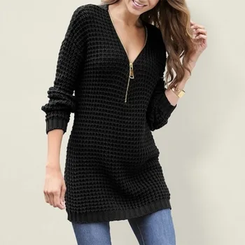 

2019 Women casual V neck zipper sweater dress pullover