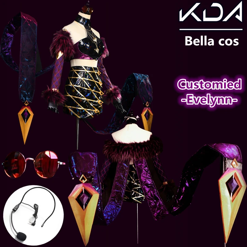 LOL KDA Evelynn костюмы для косплея на Хэллоуин женщин топ + юбка Каппа наушники очки
