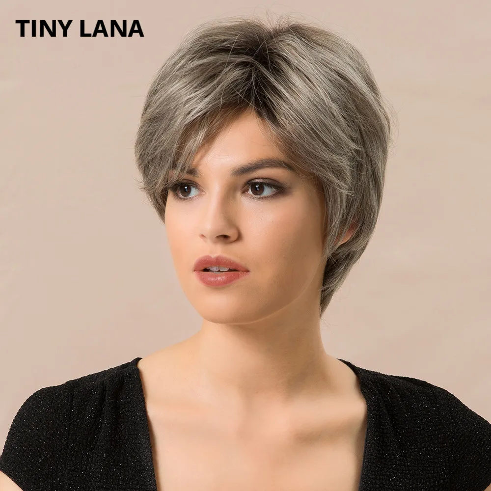 

TINY LANA Synthetic Women's Wigs Short Straight Grey Human Hair Blend Wig Machine Made For Ladies Natural 4 Colors Free Shipping