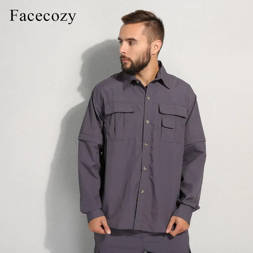 Facecozy мужские летние быстросохнущие походные рубашки, съемные альпинистские рубашки, дышащие топы для скалолазания, мужские спортивные рубашки для активного отдыха - Цвет: Gray