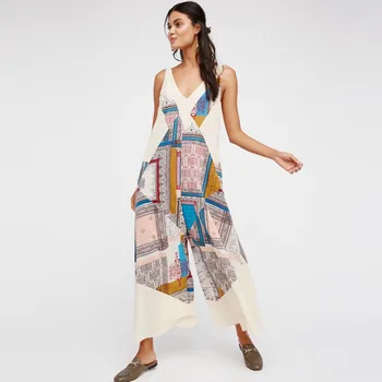 

Summer New V Neck Sleeveless Overalls Female Loose Beach Holiday Jumpsuits Women Boho Floral Print Jumpsuit Gypsy Etrhnic