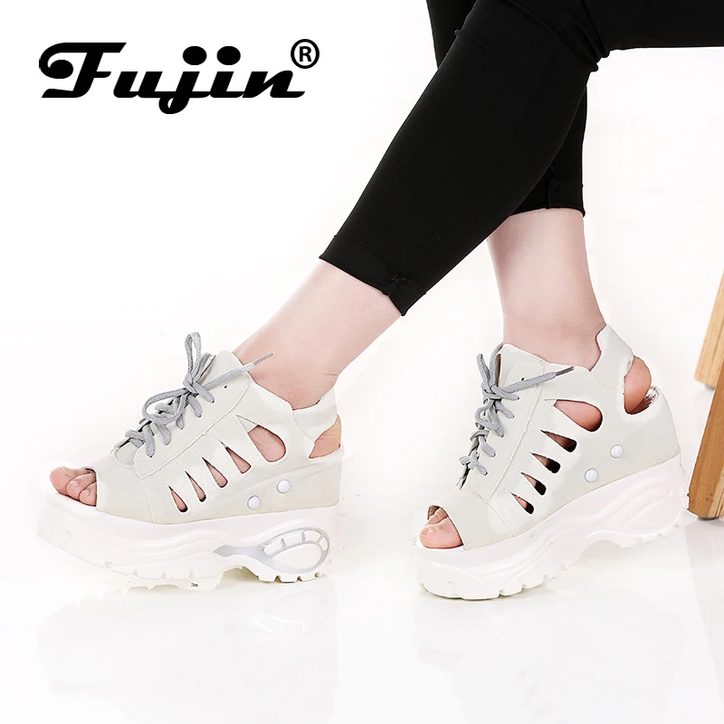 Женские босоножки на платформе Fujin Летние Босоножки с открытым носком и вырезами