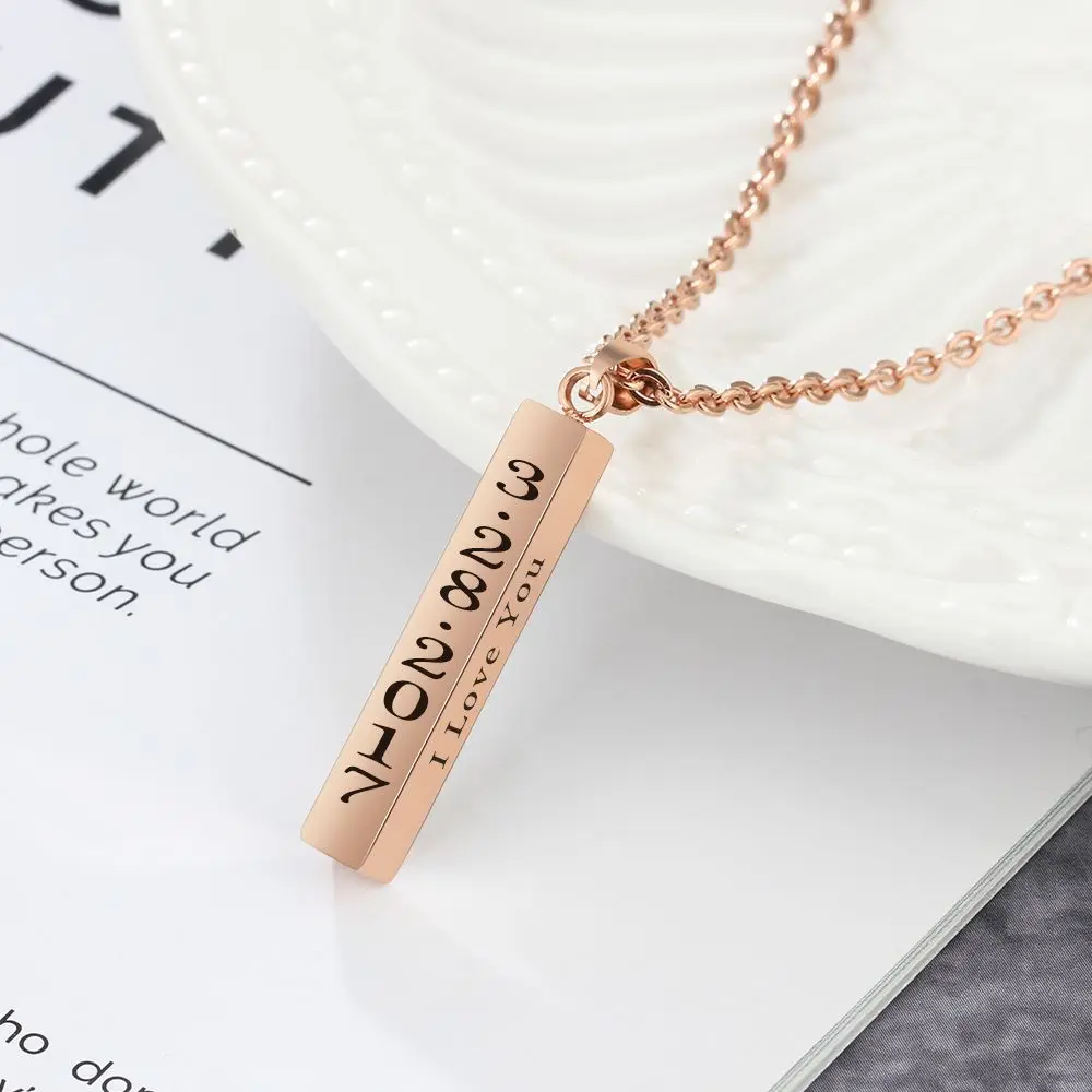 4 Face Engraved Name Necklace Personalised Gift Rose Gold Color Strip Stainless Steel Necklaces & Pendants (JewelOra NE102647)