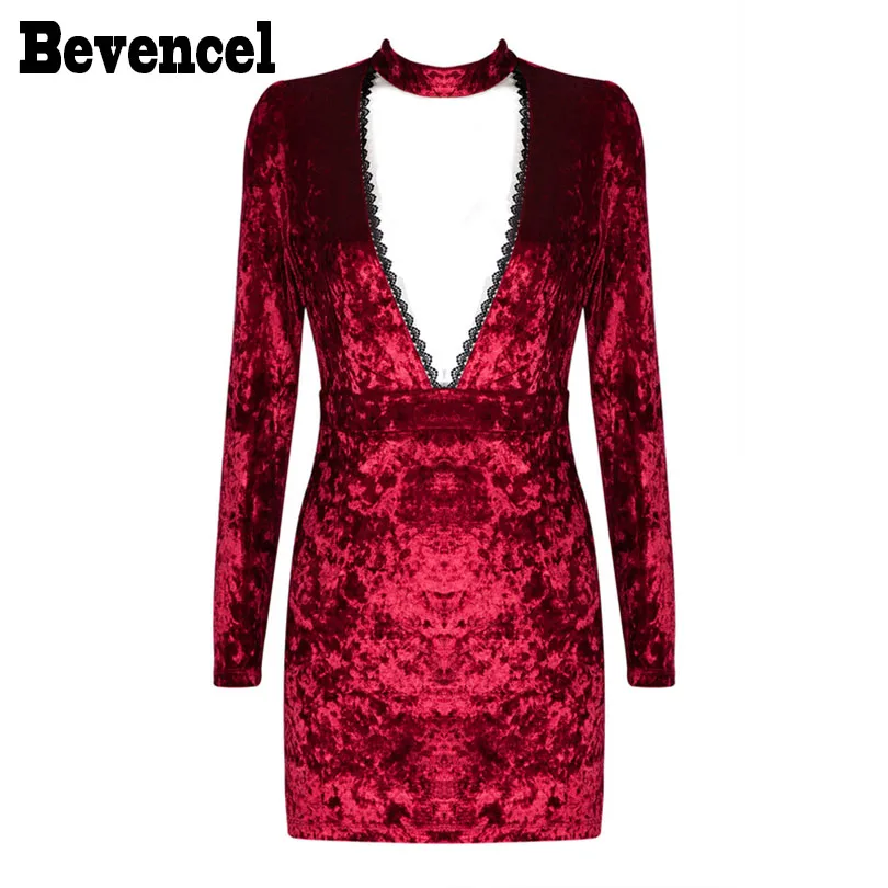 Bevencel Wholesale 2017 New Long Sleeves V Neck Velvet Elegant Chic Women Party Dress Sexy Club Dress