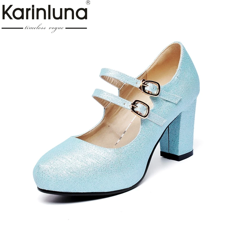 

KARINLUNA Women's Mary Jane Style Double Belt Strap Chunky High Heel Shoes Woman Round Toe Platform Pumps Big Size 33-43