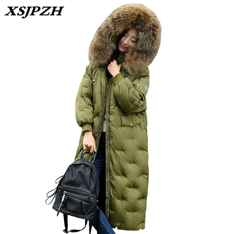 XSJPZH Down Jacket Woman Hooded 2018 Winter Extra Large Women's Long Section Full of Stars Thick Scorpion Fur Collar Coat SH177