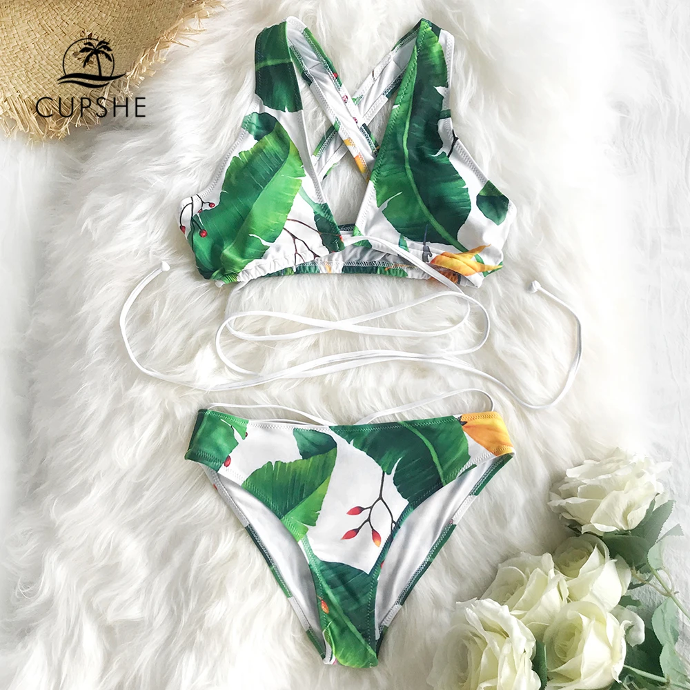 

CUPSHE Sexy Green Leafy Print Wrap Bikini Sets Women Boho Two Pieces Swimsuits 2019 Girl Beach Bathing Suits