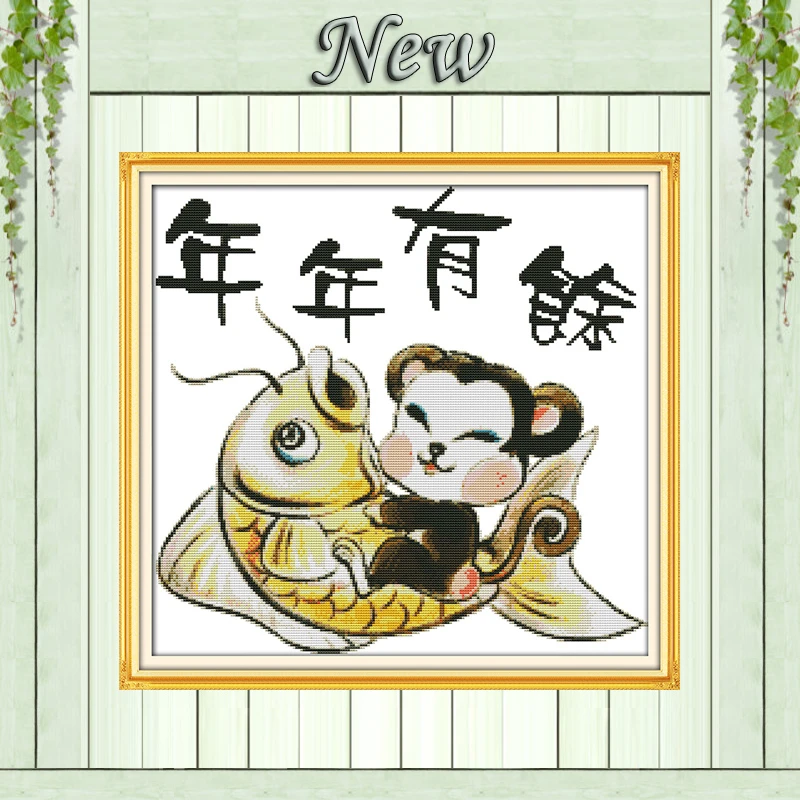 

Surplus Year after Year boy fish decor painting counted print on canvas DMC 11CT14CT Cross Stitch kits needlework embroidery Set