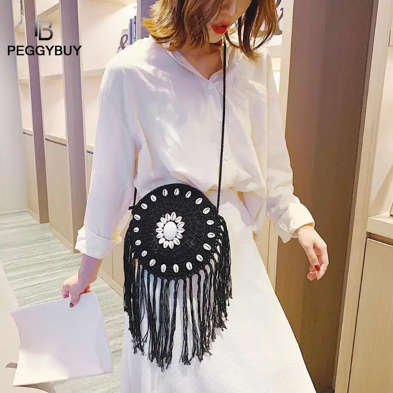 

Wicker Straw Woven Basket Tote Summer New Women Tassels Round Crossbody Shoulder Bag Beach Crossbody Shoulder Boho Handbag