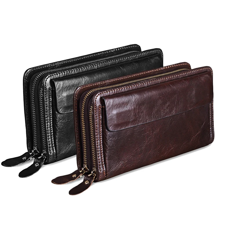 

Cowhide Men Clutch Wallets Genuine Leather Long Purses 2019 Business Large Capacity Wallet Double Zipper Phone Bag For Male