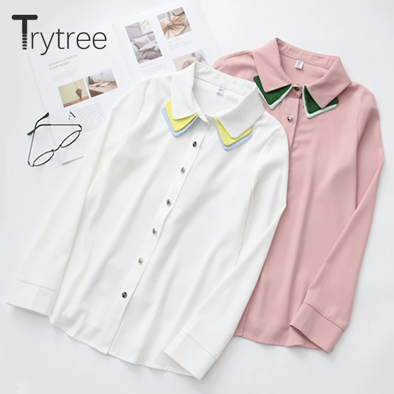 Ttytree/осенние блузки повседневная женская рубашка с отворотным воротником