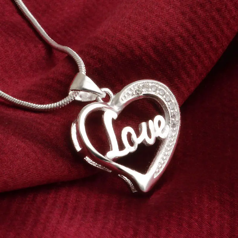 1pc Lovely Plated Silver Heart Pendant Necklace With Letters Love Chain