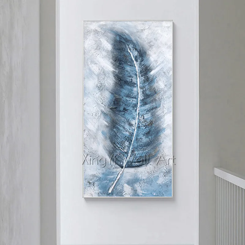 

Abstract art canvas painting wall art feather pictures for living room home original acrylic blue texture quadros caudros decor