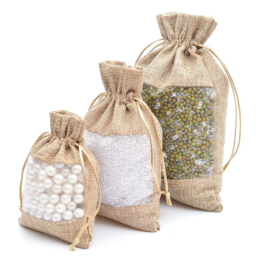 PandaHall Elite 100 pcs 13.5x9.5cm Burlap Packing Pouches Drawstring Bags Burlap Gift Bags for Wedding Party Festival Home Decoration Tan