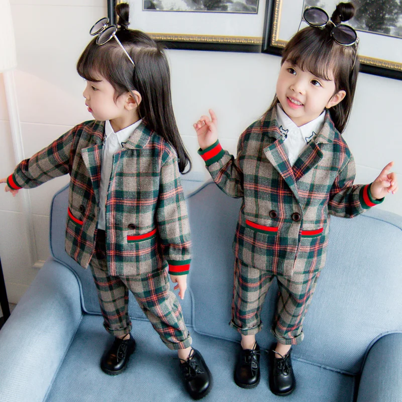 

Spring Autumn Children Clothes Suit Toddler Pants Suit Plaid Blazer Jacket +Pants Girls Two Piece Suits Kid Girl Female Outfits