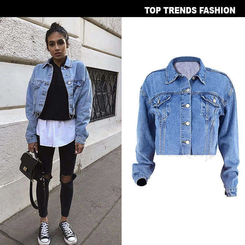 Women's Cropped Denim Jeans Jacket with 