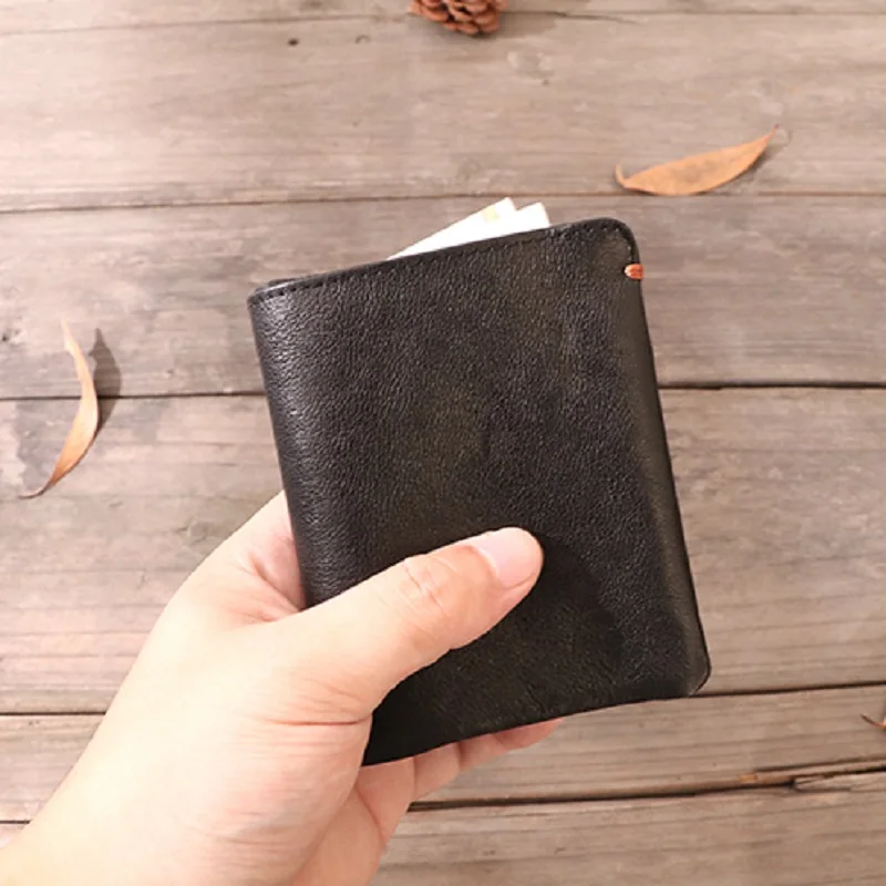 

Black Genuine Leather Men's Wallets Thin Male Wallet Card Holder Cowskin Soft Mini Purses For Men