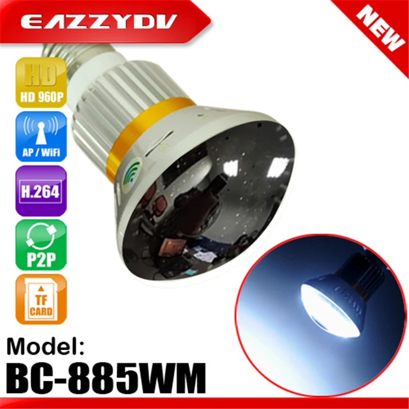 EAZZYDV BC-885YM/WM HD 1.3MP 960P P2P Mirror Bulb WiFi/AP IP Network Camera with 5W LED Lamps Night Vision and Motion Dection