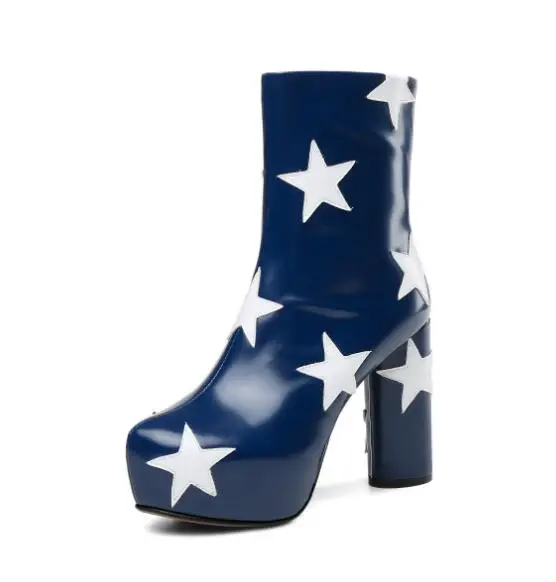 

2018 Autumn Newest Patent Leather Romd Toe Thick Heels Woman Short Boots Super High Platform High Heel Riding Boots Big Size 43