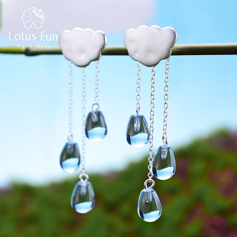 Lotus Fun Solid 925 Sterling Silver Earrings for Women Cloud Water Drop Quartz Tassel Drop Earring silver 925 earing for Girls