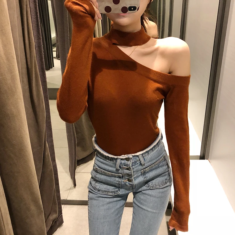 2020 Women Sweaters And Pullovers Poncho Full Autumn New Women's Sweater Sleeve Slim Halter Thin Knit Clavicle Top One Shoulder | Женская
