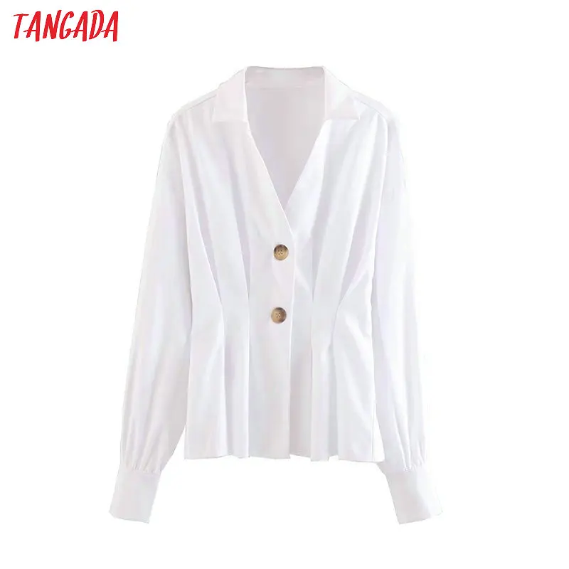 Tangada women elegant white blouse tunics design turn down collar long sleeve chic pleated shirt blusas femininas 5Z17