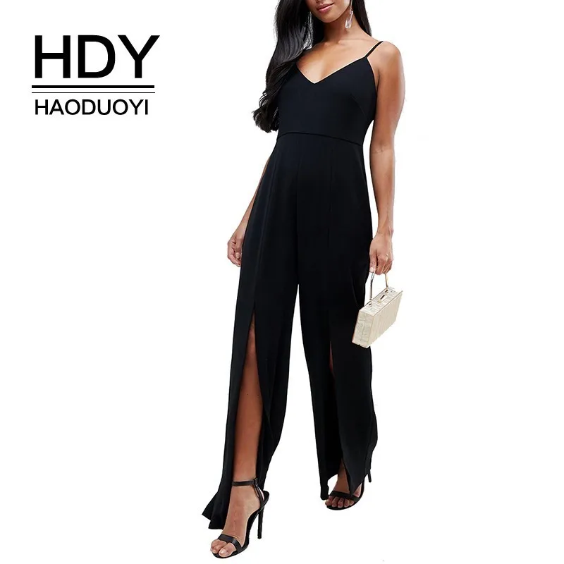 

HDY Haoduoyi Femme Summer Stylish Sexy Commuter Trousers Solid Color Black Jumpsuits V Collar Slits Drawstring Easy Match