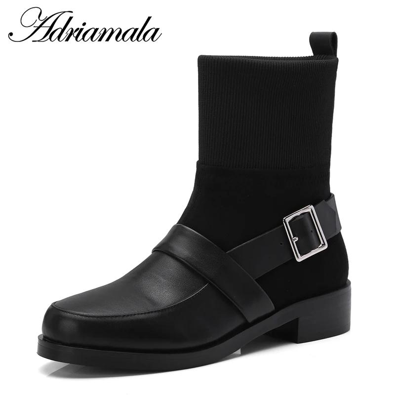 

2018 Genuine Leather Women Boots Buckle Strap Round Toe Square Heel Cow Leather Black Ladies Black Mid Calf Boots Adriamala