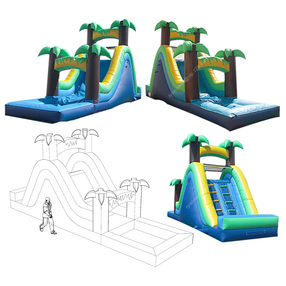 32ft single lane tropical style green palm inflatable water slide with pool for adults kids commercial inflatable wet slide