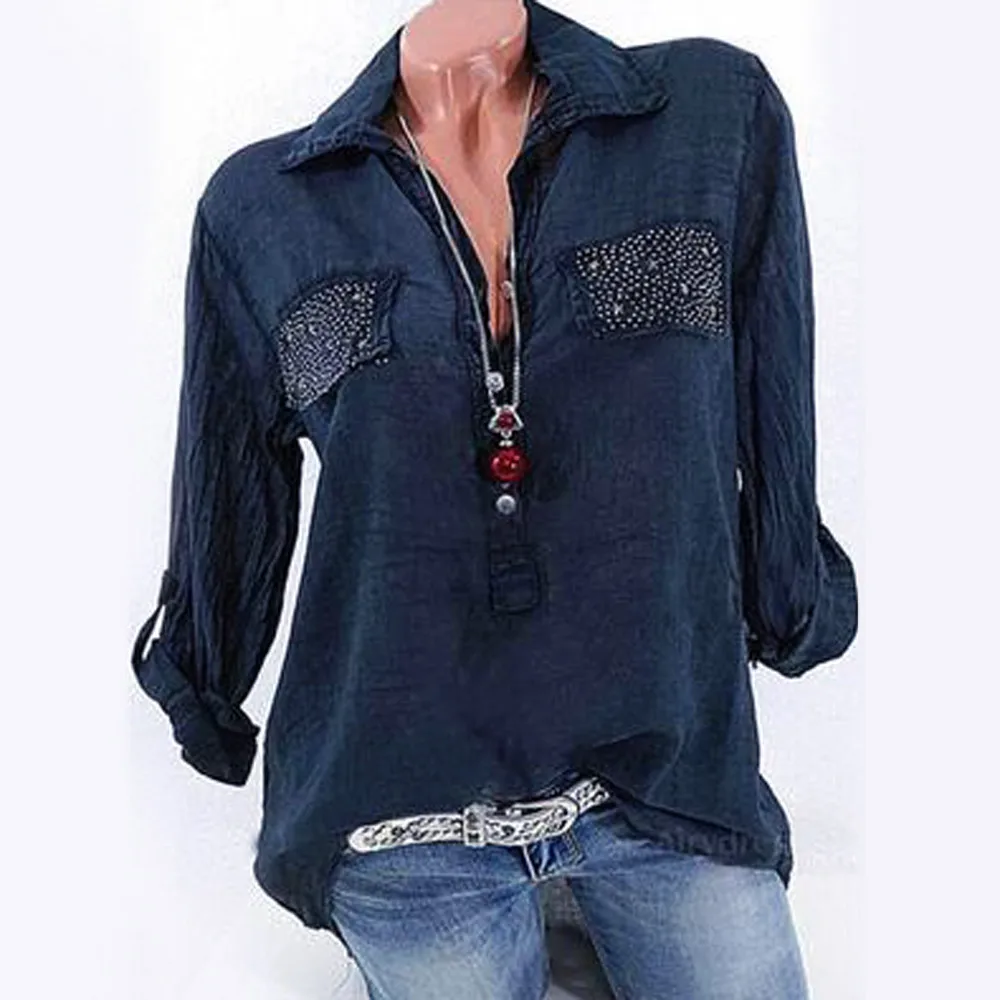 

Plu Size Women Denim Blouses Long Sleeve Casual Ladies Pockets Blouse Shirt Plus Size Button Down Blusa Jeans Feminina#GHC