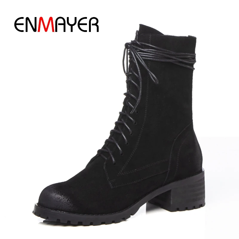 

ENMAYER New Arrival women round toe solid kid suede lace up boots lady fashion cross-tied boots Size 34-39 ZYL802