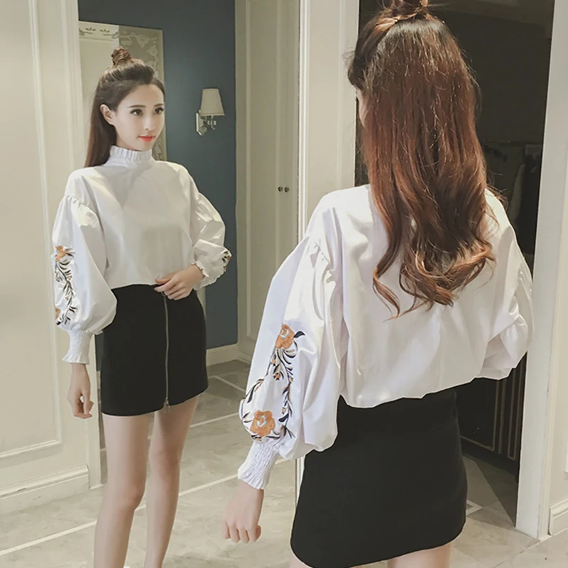 

Women Blouses Solid Embroidery Ruffled Stand Collar Full Length Lantern Sleeves Woman Shirts 2019 Flower Loose Casual Female Top