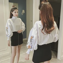 Women Blouses Solid Embroidery Ruffled Stand Collar Full Length Lantern Sleeves Woman Shirts 2019 Flower Loose Casual Female Top