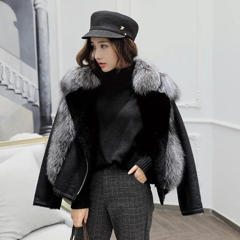 

Stunning New 2018 Black color Genuine sheepskin suede Natural silver fox fur jackets Women short design amazing luxury fur coats