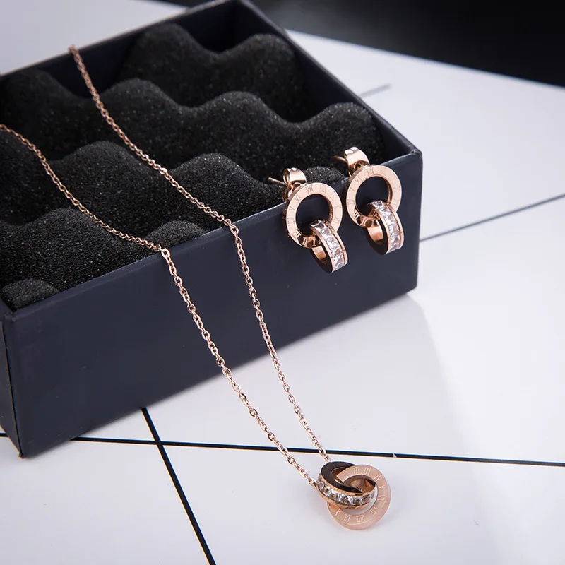 

Stainless Steel Jewelry Sets for Women Necklace & Pendant CZ Earing Bracelet Bangle Bijoux roman numebral wedding party gift