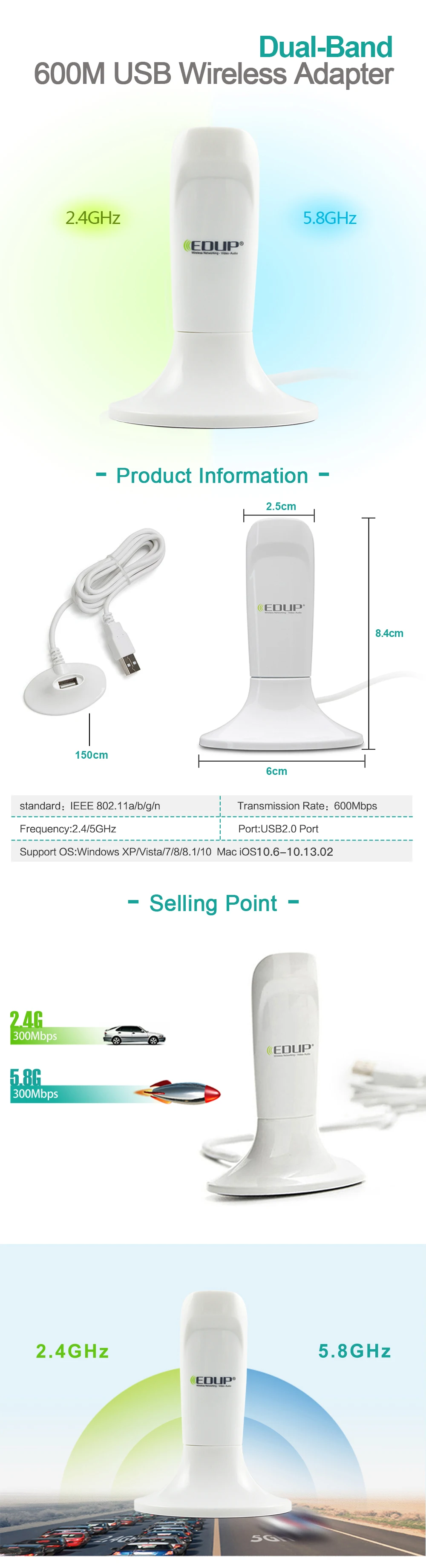 EDUP 2,4 ГГц и 5 ГГц usb wifi адаптер 600 Мбит/с 1,2 м расширение usb кабель на основе usb Ethernet адаптер Высокое качество Wi-Fi приемник