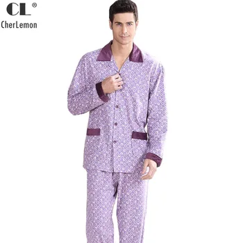

CherLemon New Autumn Men's 100% Cotton Pyjamas Sleepwear Male Purple Circles Printed Long Sleeve Top and Pants Pajama Set M-4XL