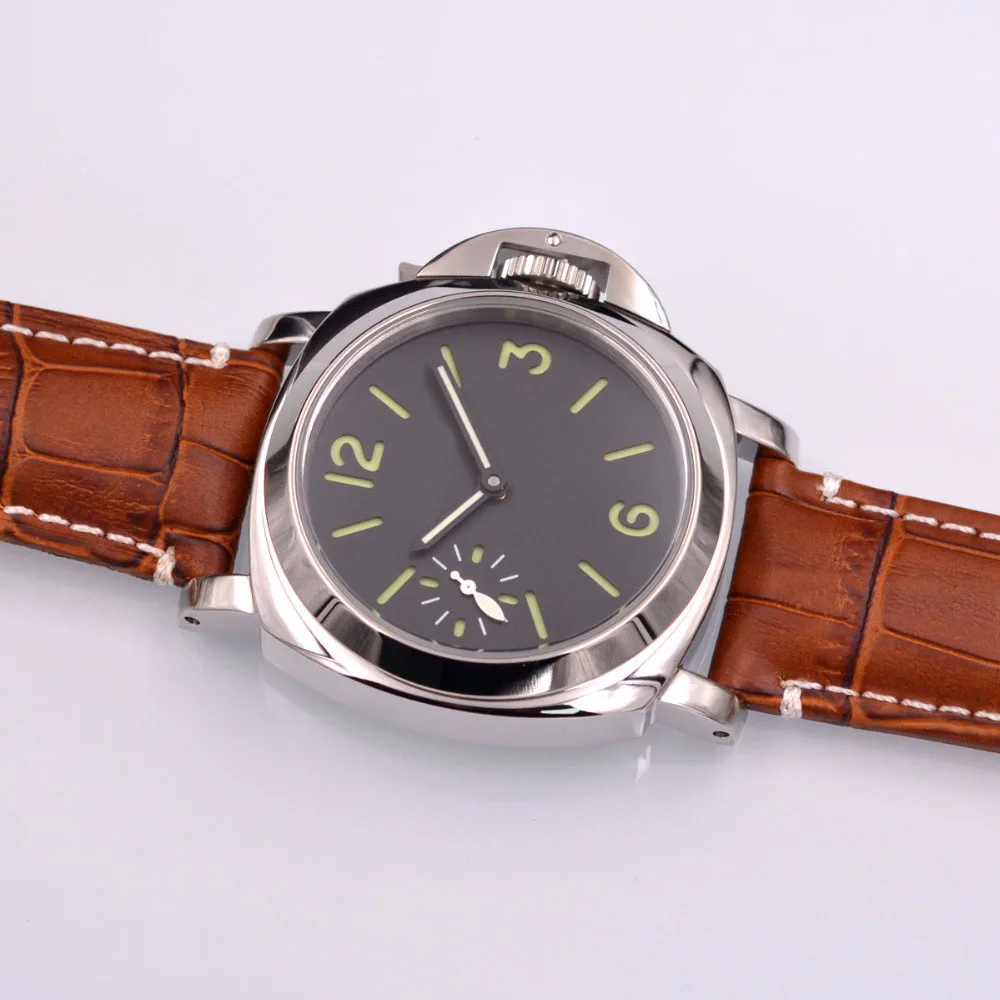 44 мм часы Parnis черные сэндвич Механические Мужские наручные часы 17 jewels ручной обмотки азиатские 6497 механические часы кожа