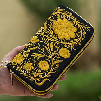 

Double Zipper National Boho Indian Thai Embroidered Wallet Clutch Bag Floral Long Design Canvas National Trend Purse Card Holder
