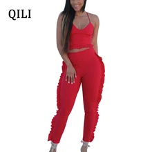 QILI Women Ruffles Jumpsuits Romper Summer Sleeveless Two Piece Set Casual Jumpsuit Woman Fashion Street Wear White Black Red
