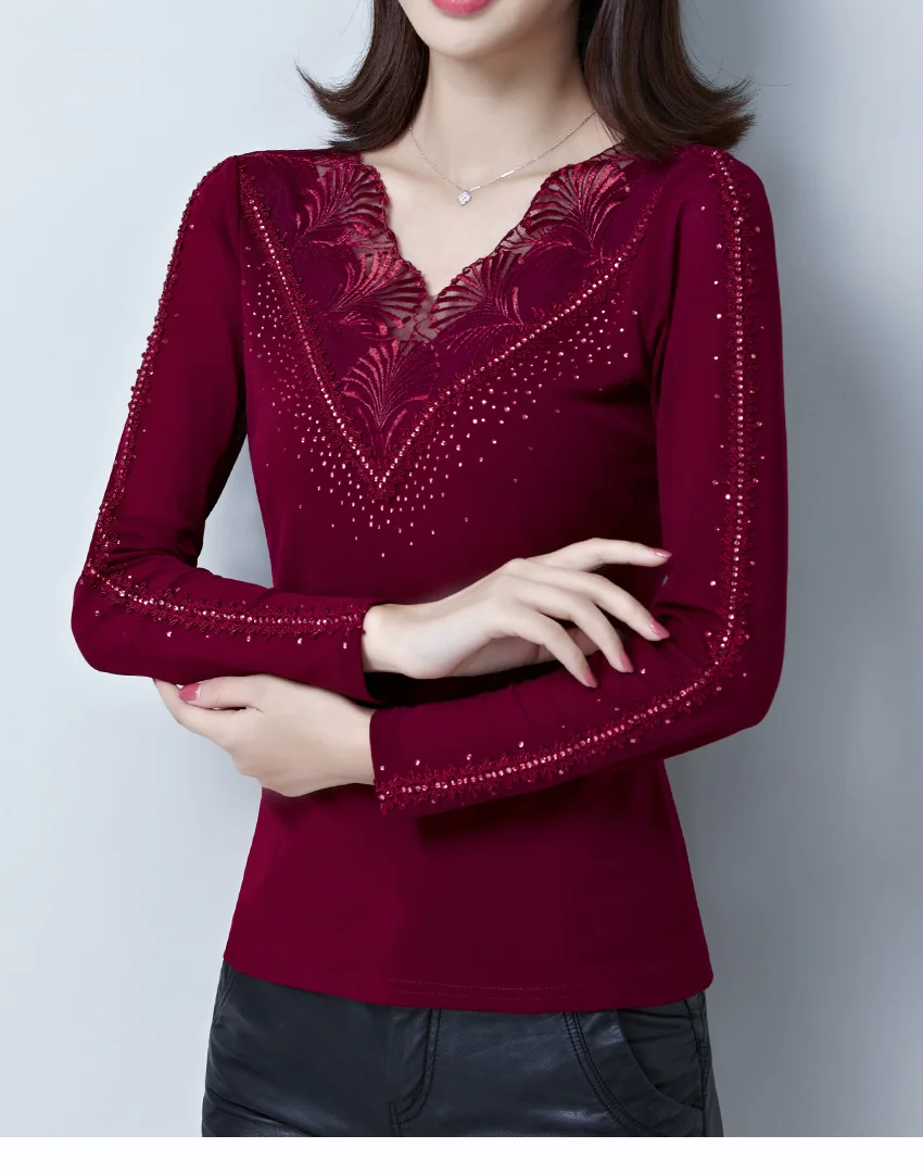 FGLAC, женская футболка, модная, длинный рукав, v-образный вырез, сетчатые топы, элегантные, тонкие, бриллианты, осенняя рубашка размера плюс 4XL, женские блузы