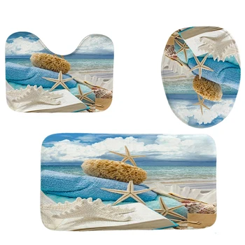 

4Pcs Home Bathroom Decor Set Book And Starfish Pattern Toilet Seat Cover Bath Mat Set+ Waterproof Shower Curtain
