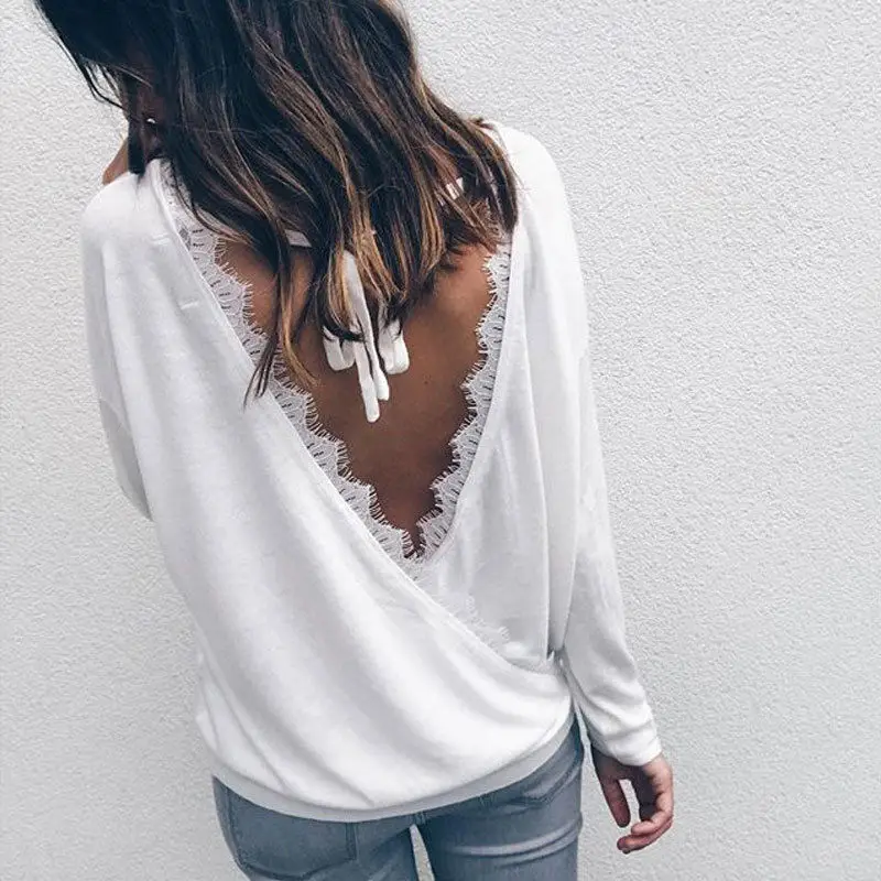 

Women Long 2018 Summer Blouses Women Long Sleeve Lace Patchwork Backless Lace-up Tops Drawstring Criss-cross Slim Shirts Female